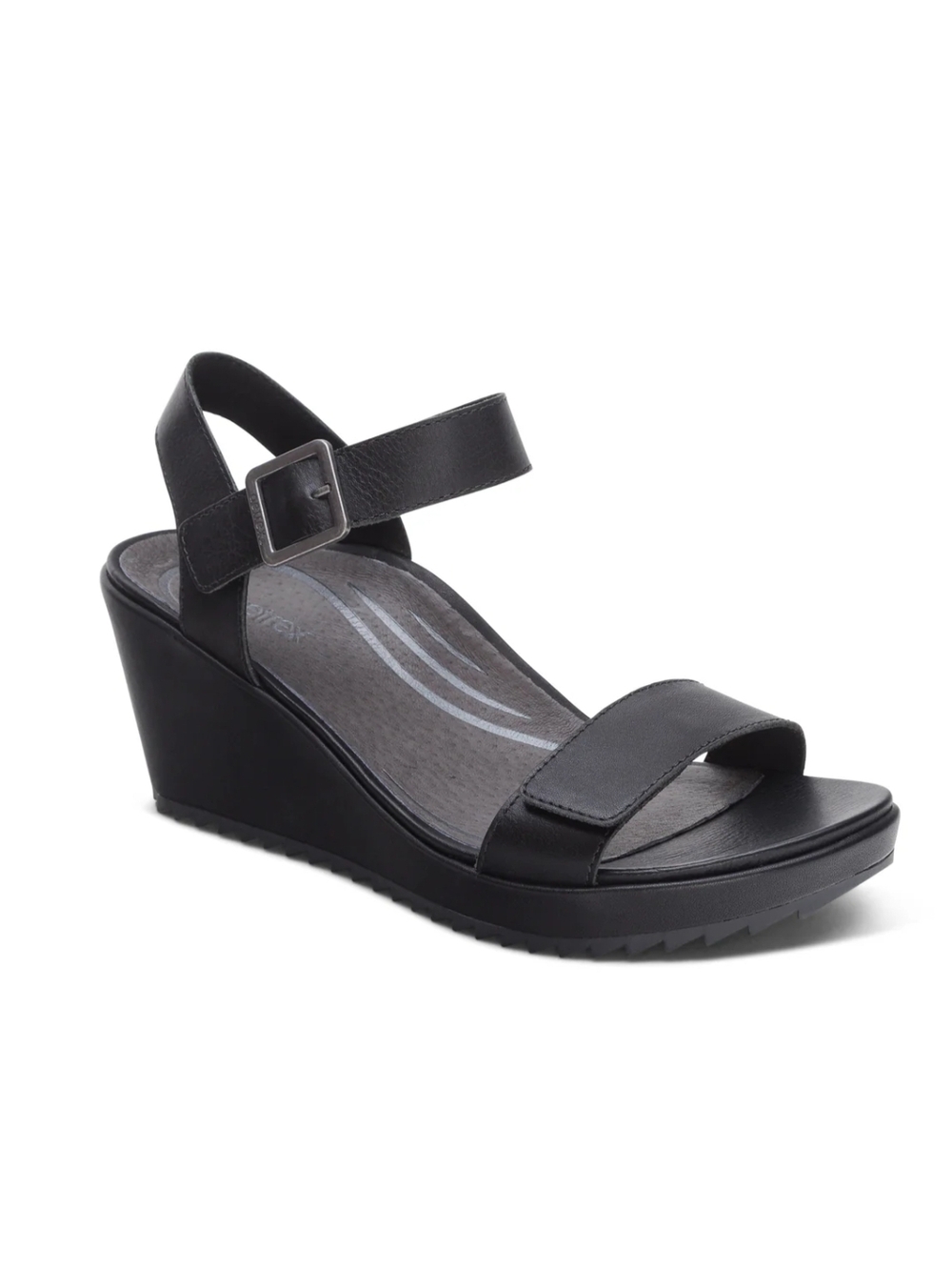 Aetrex Andrea Black Wedge Sandal with Adjustable Ankle Strap.  Never Worn